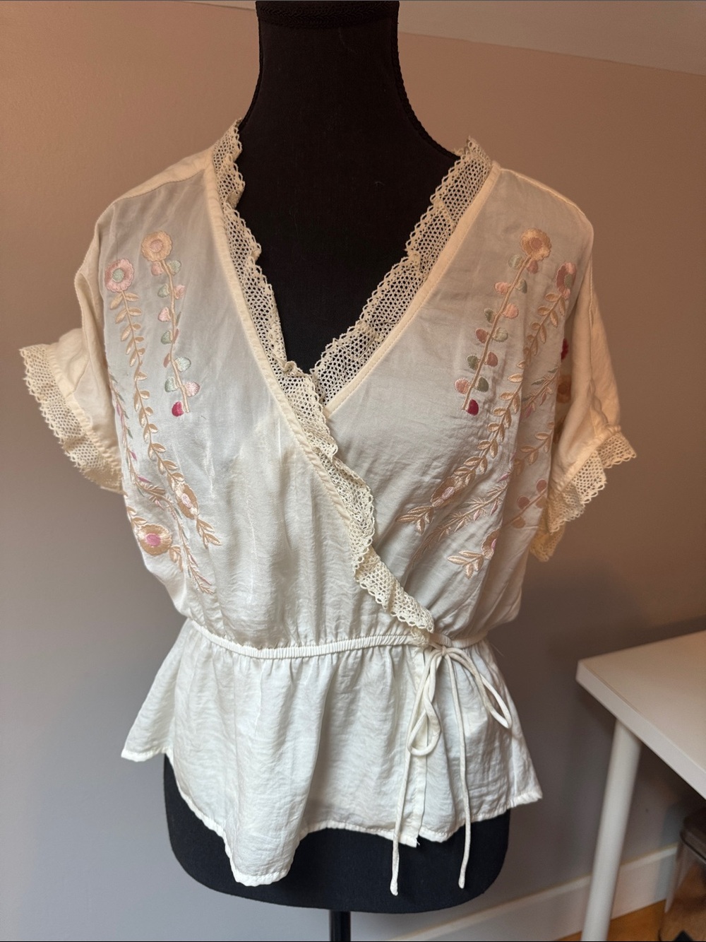 Dex Cream Wrap Tunic with Floral Embroidery